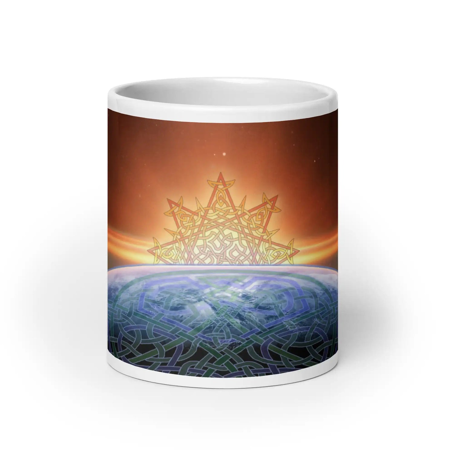 A 20oz Xigfireon white glossy graphic mug featuring the Derivation II Celtic knots merger design.