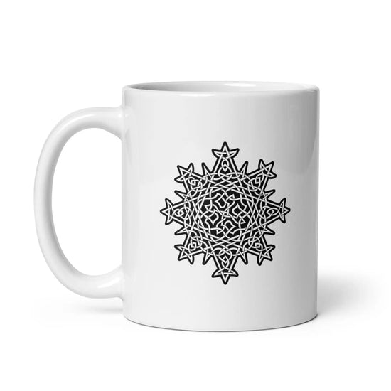 A Xigfireon white glossy 11oz mug featuring the Black & White Solid iteration of the Morning Star Fire Celtic knot design. This Celtic knot symbolizes Father Sun.