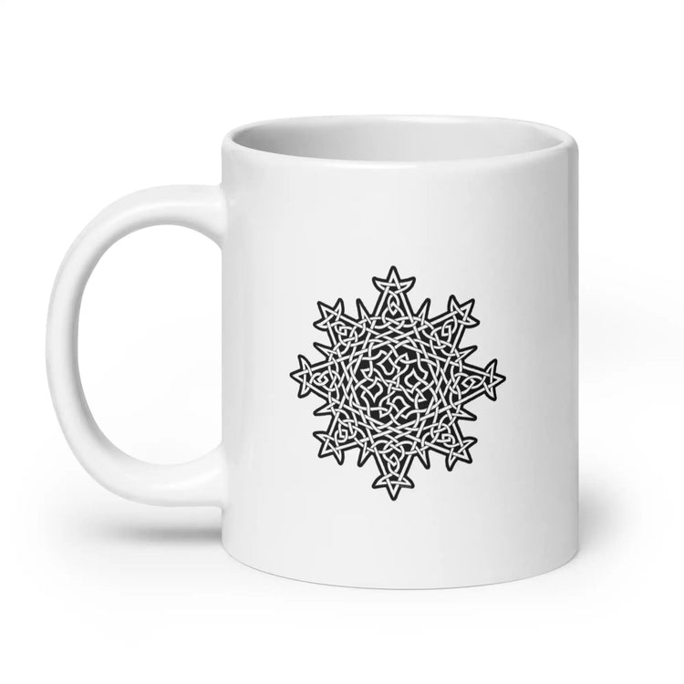 A Xigfireon white glossy 20oz mug featuring the Black & White Solid iteration of the Morning Star Fire Celtic knot design. This Celtic knot represents the Sun.