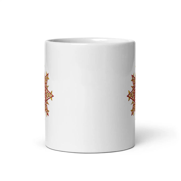 The front side of a Xigfireon white ceramic 11oz mug featuring the Fire Colour iteration of the Morning Star Fire Celtic knot design. This Celtic knot symbolizes Father Sun.