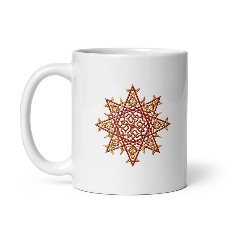 A Xigfireon white ceramic 11oz mug featuring the Fire Colour iteration of the Morning Star Fire Celtic knot design. This Celtic knot symbolizes Father Sun.