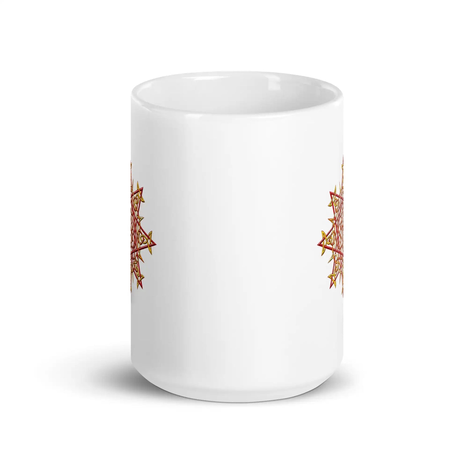 The front side of a Xigfireon white ceramic 15oz mug featuring the Fire Colour iteration of the Morning Star Fire Celtic knot design. This Celtic knot symbolizes Father Sun.