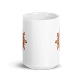 The front side of a Xigfireon white ceramic 15oz mug featuring the Fire Colour iteration of the Morning Star Fire Celtic knot design. This Celtic knot symbolizes Father Sun.