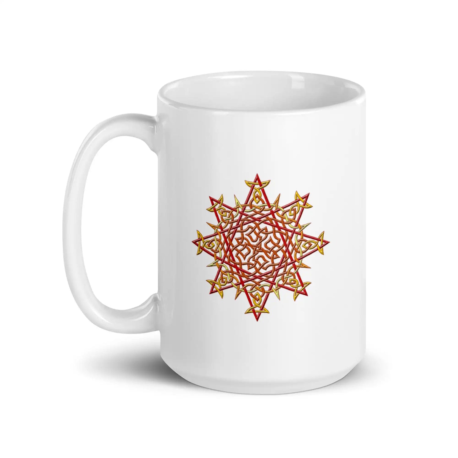 A Xigfireon white ceramic 15oz mug featuring the Fire Colour iteration of the Morning Star Fire Celtic knot design. This Celtic knot symbolizes Father Sun.