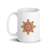 A Xigfireon white ceramic 15oz mug featuring the Fire Colour iteration of the Morning Star Fire Celtic knot design. This Celtic knot symbolizes Father Sun.