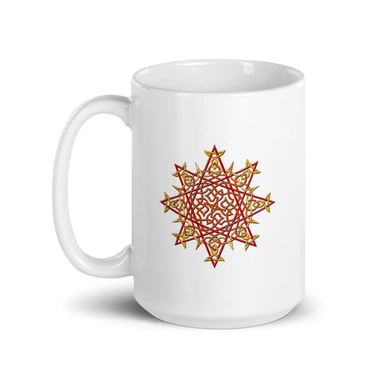 A Xigfireon white ceramic 15oz mug featuring the Fire Colour iteration of the Morning Star Fire Celtic knot design. This Celtic knot symbolizes Father Sun.