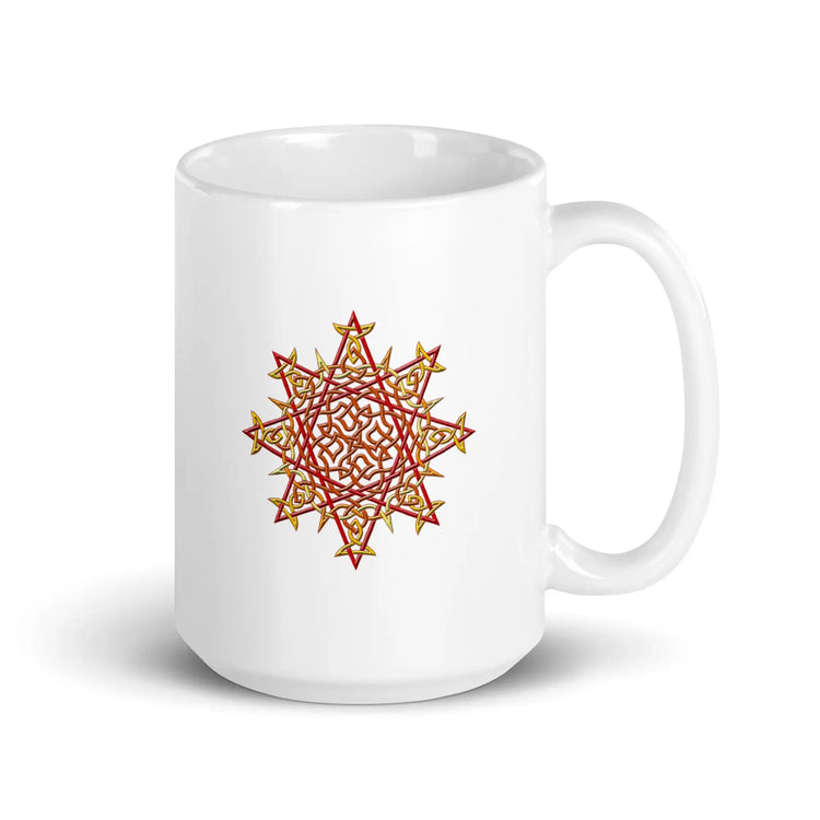 A Xigfireon white ceramic 15oz mug featuring the Fire Colour iteration of the Morning Star Fire Celtic knot design. This Celtic knot symbolizes Father Sun.