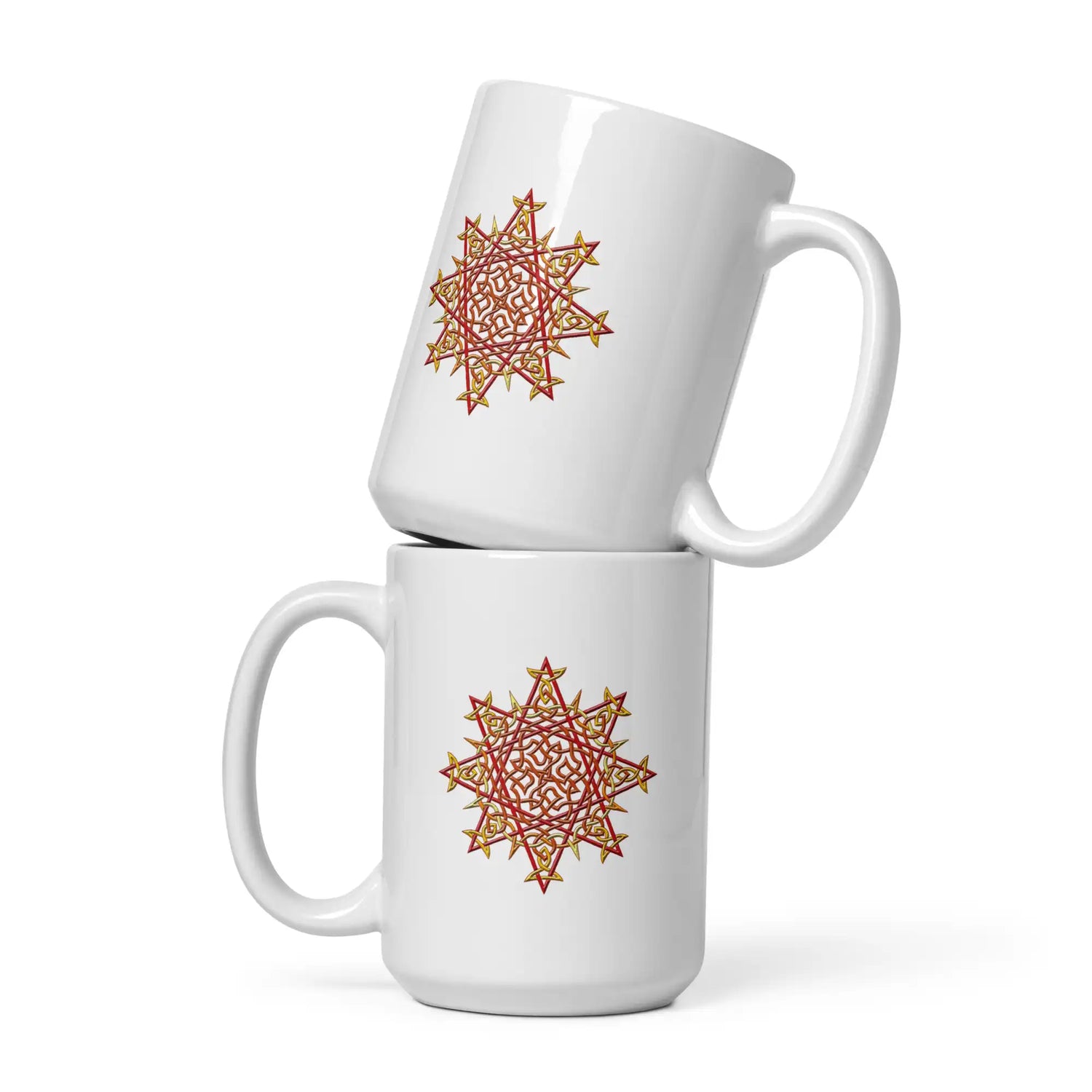 A stack of two Xigfireon white ceramic 15oz mugs featuring the Fire Colour iteration of the Morning Star Fire Celtic knot design. This Celtic knot symbolizes Father Sun.
