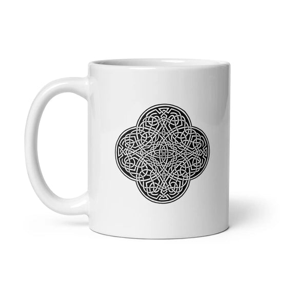 A Xigfireon white glossy 11oz mug featuring the Black & White Solid iteration of the Reach Of The Spirit Celtic knot design. This Celtic knot symbolizes Mother Earth.