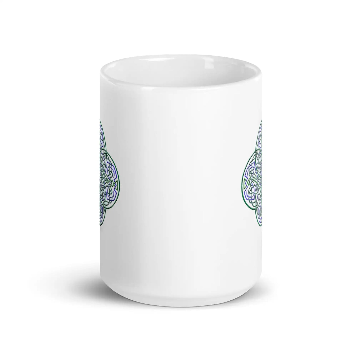 The front side of a Xigfireon white ceramic 15oz mug featuring the Living Colour iteration of the Reach Of The Spirit Celtic knot design. This Celtic knot symbolizes Mother Earth.