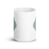 The front side of a Xigfireon white ceramic 15oz mug featuring the Living Colour iteration of the Reach Of The Spirit Celtic knot design. This Celtic knot symbolizes Mother Earth.
