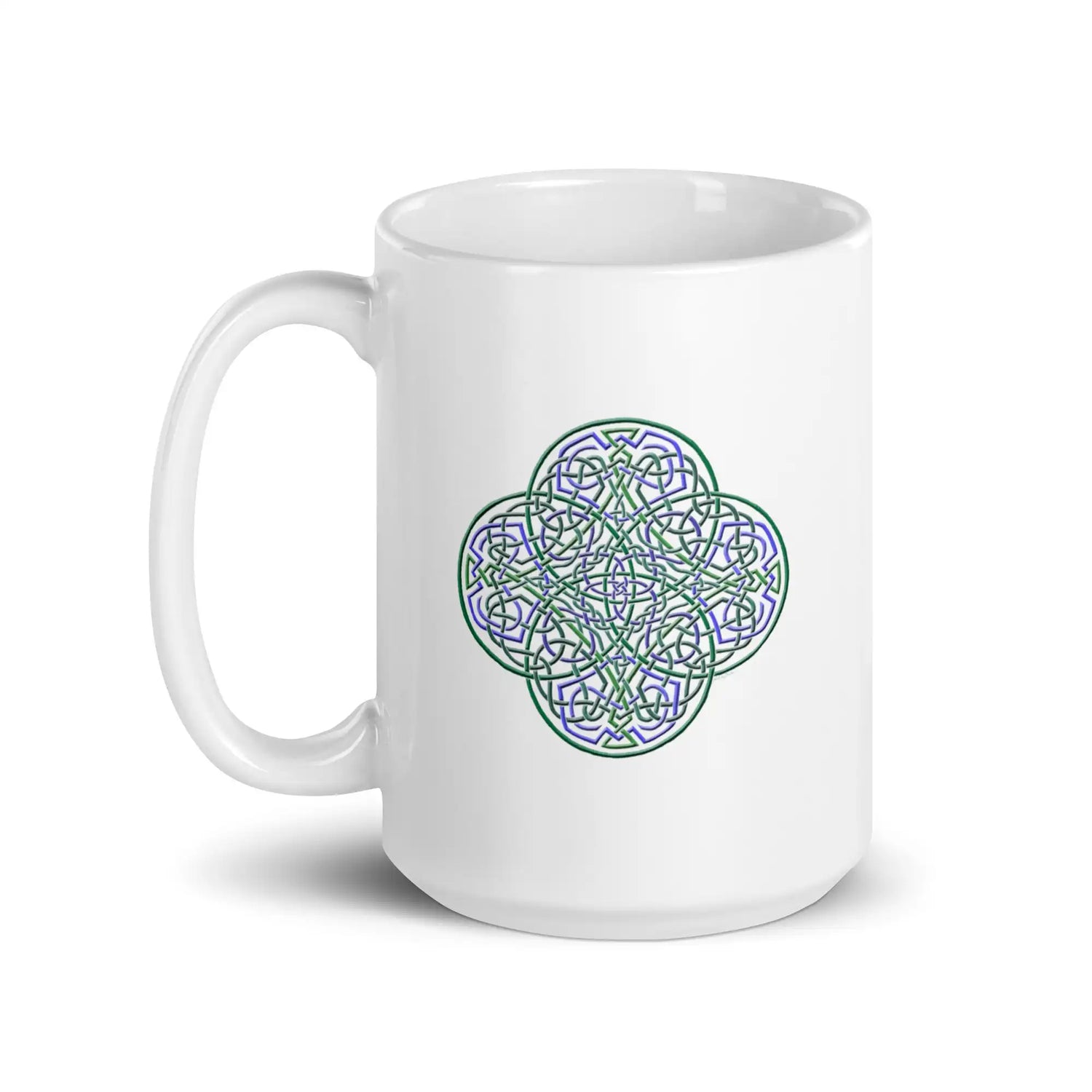 A Xigfireon white ceramic 15oz mug featuring the Living Colour iteration of the Reach Of The Spirit Celtic knot design. This Celtic knot symbolizes Mother Earth.