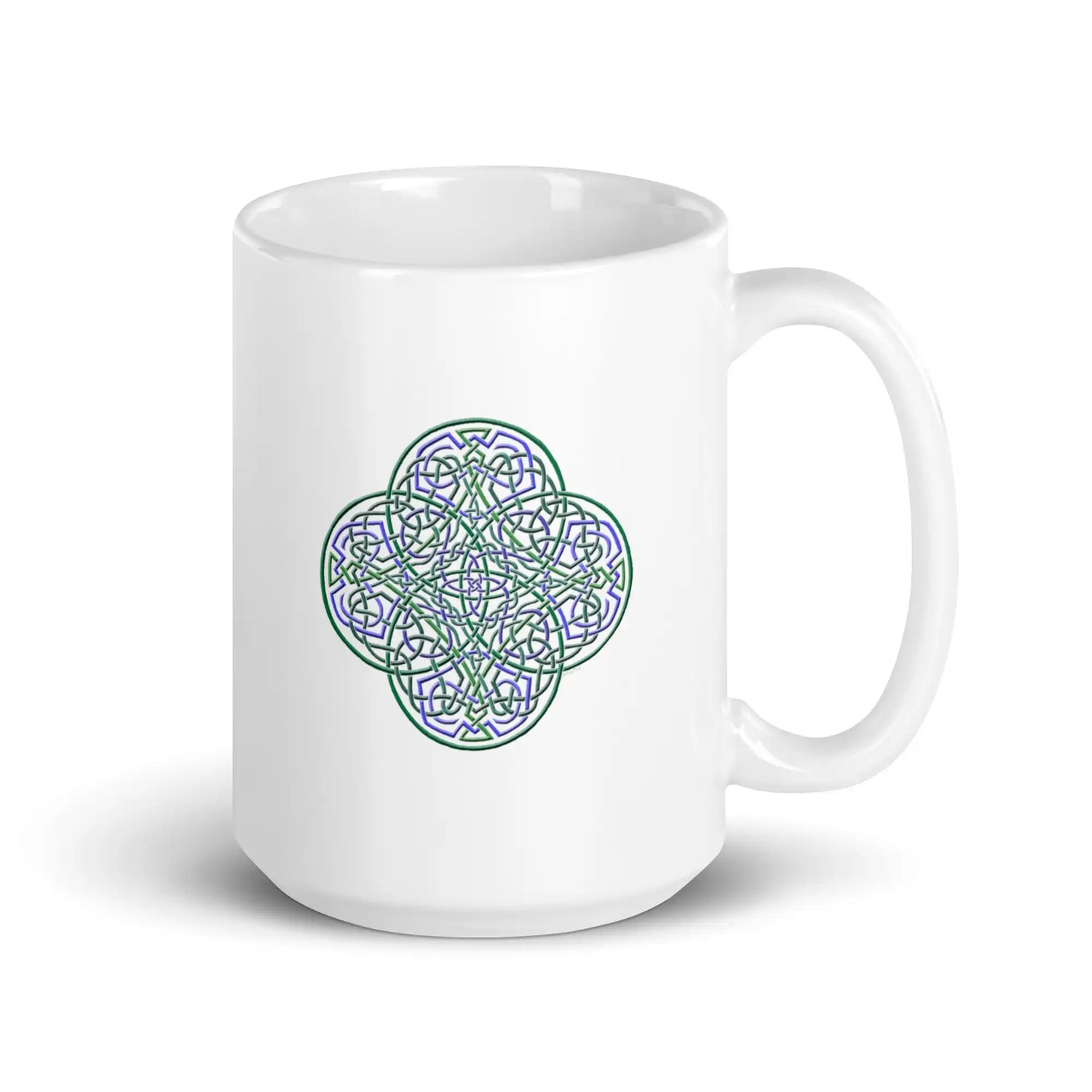 A Xigfireon white ceramic 15oz mug featuring the Living Colour iteration of the Reach Of The Spirit Celtic knot design. This Celtic knot symbolizes Mother Earth.