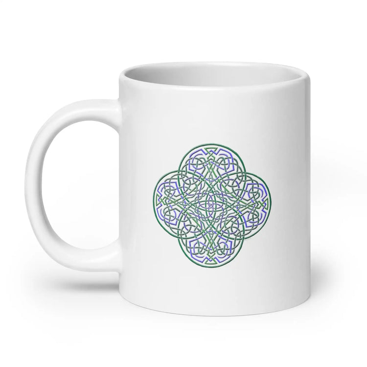 A Xigfireon white glossy 20oz mug featuring the Living Colour iteration of the Reach Of The Spirit Celtic knot design. This Celtic knot represents the Earth.