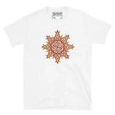 A white Xigfireon graphic t-shirt featuring the Fire Colour iteration of the Morning Star Fire Celtic knot design. The Morning Star Fire Celtic knot symbolizes the Sun.