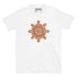 A white Xigfireon graphic t-shirt featuring the Fire Colour iteration of the Morning Star Fire Celtic knot design. The Morning Star Fire Celtic knot symbolizes the Sun.