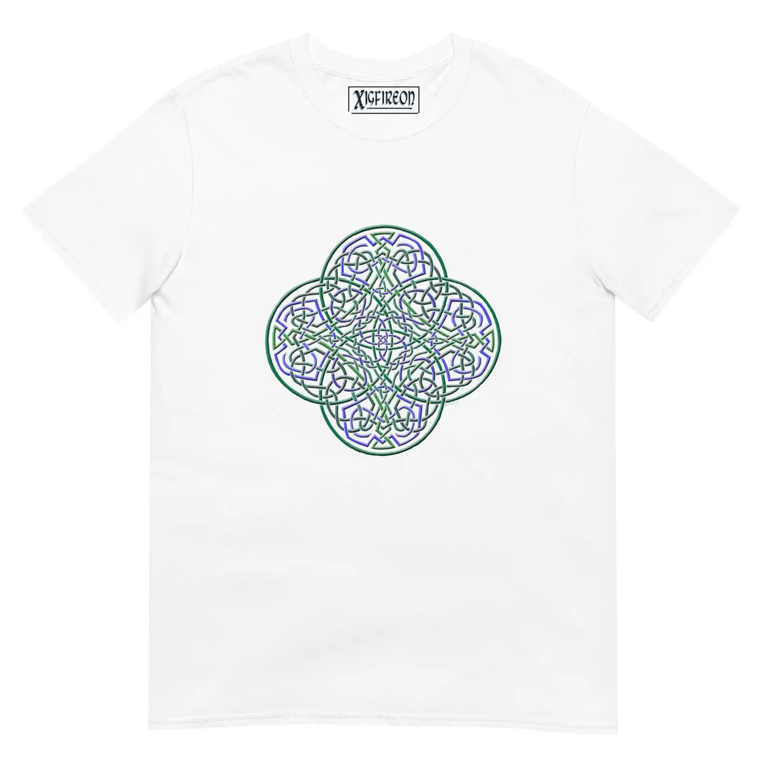 A white Xigfireon graphic t-shirt featuring the Living Colour iteration of the Reach Of The Spirit Celtic knot design. The Reach Of The Spirit Celtic knot symbolizes the Earth.