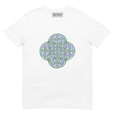 A white Xigfireon graphic t-shirt featuring the Living Colour iteration of the Reach Of The Spirit Celtic knot design. The Reach Of The Spirit Celtic knot symbolizes the Earth.
