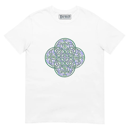 A white Xigfireon graphic t-shirt featuring the Living Colour iteration of the Reach Of The Spirit Celtic knot design. The Reach Of The Spirit Celtic knot symbolizes the Earth.