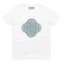 A white Xigfireon graphic t-shirt featuring the Living Colour iteration of the Reach Of The Spirit Celtic knot design. The Reach Of The Spirit Celtic knot symbolizes the Earth.