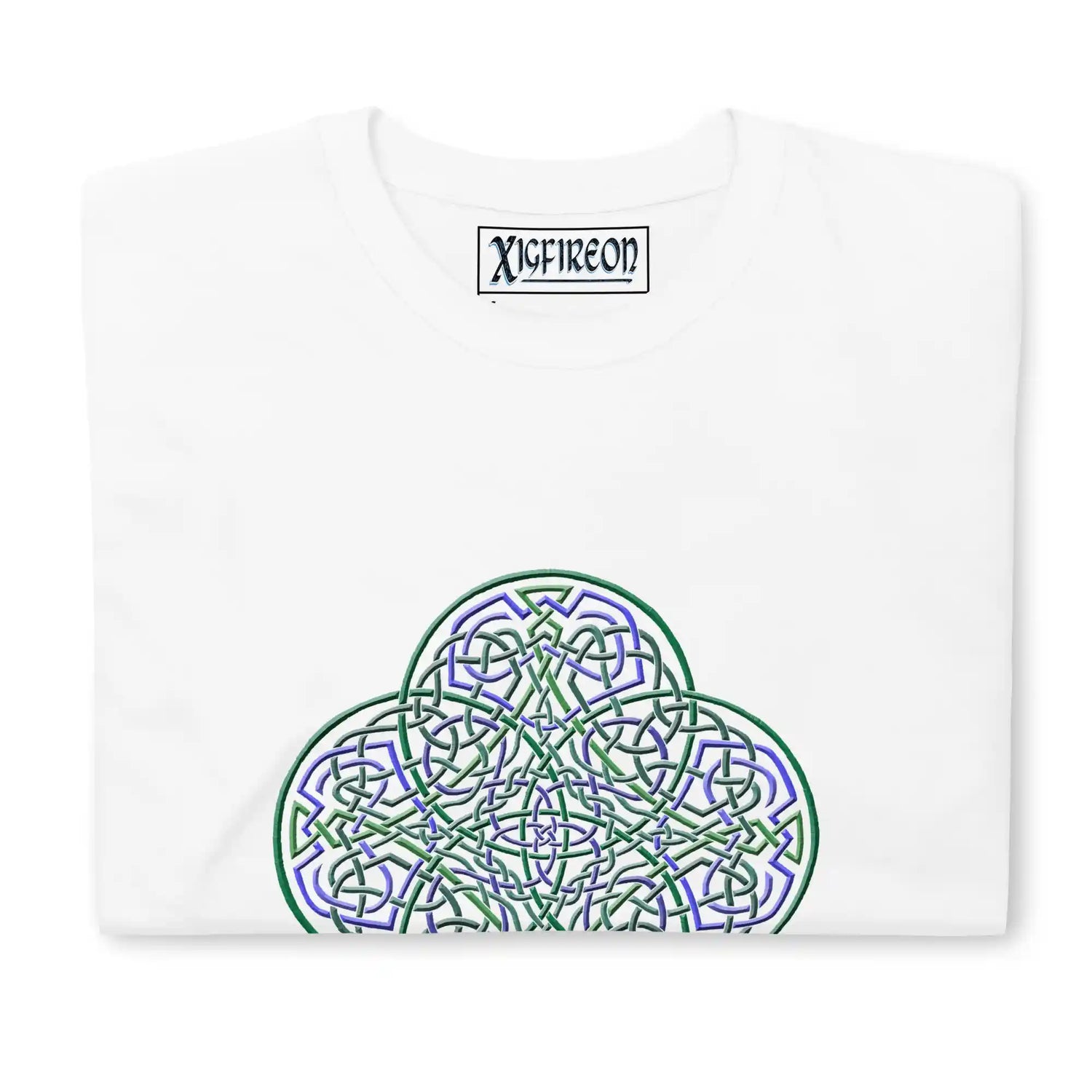 A folded white Xigfireon graphic t-shirt featuring the Living Colour iteration of the Reach Of The Spirit Celtic knot design. The Reach Of The Spirit Celtic knot symbolizes the Earth.