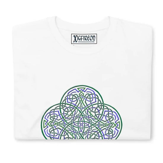 A folded white Xigfireon graphic t-shirt featuring the Living Colour iteration of the Reach Of The Spirit Celtic knot design. The Reach Of The Spirit Celtic knot symbolizes the Earth.