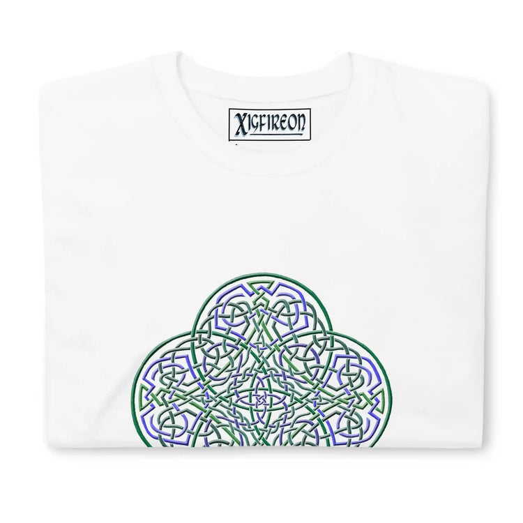 A folded white Xigfireon graphic t-shirt featuring the Living Colour iteration of the Reach Of The Spirit Celtic knot design. The Reach Of The Spirit Celtic knot symbolizes the Earth.