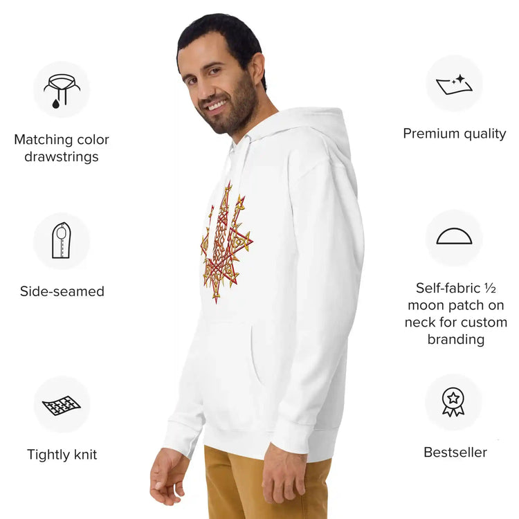 A list of product features surrounding a young man wearing a white Xigfireon graphic hoodie featuring the Fire Colour iteration of the Morning Star Fire Celtic knot design. The Morning Star Fire Celtic knot represents our glorious Sun. Features include marching color drawstrings, premium quality, side-seamed, self-fabric 1/2 moon patch on neck for custom branding, tightly knit, and bestseller.