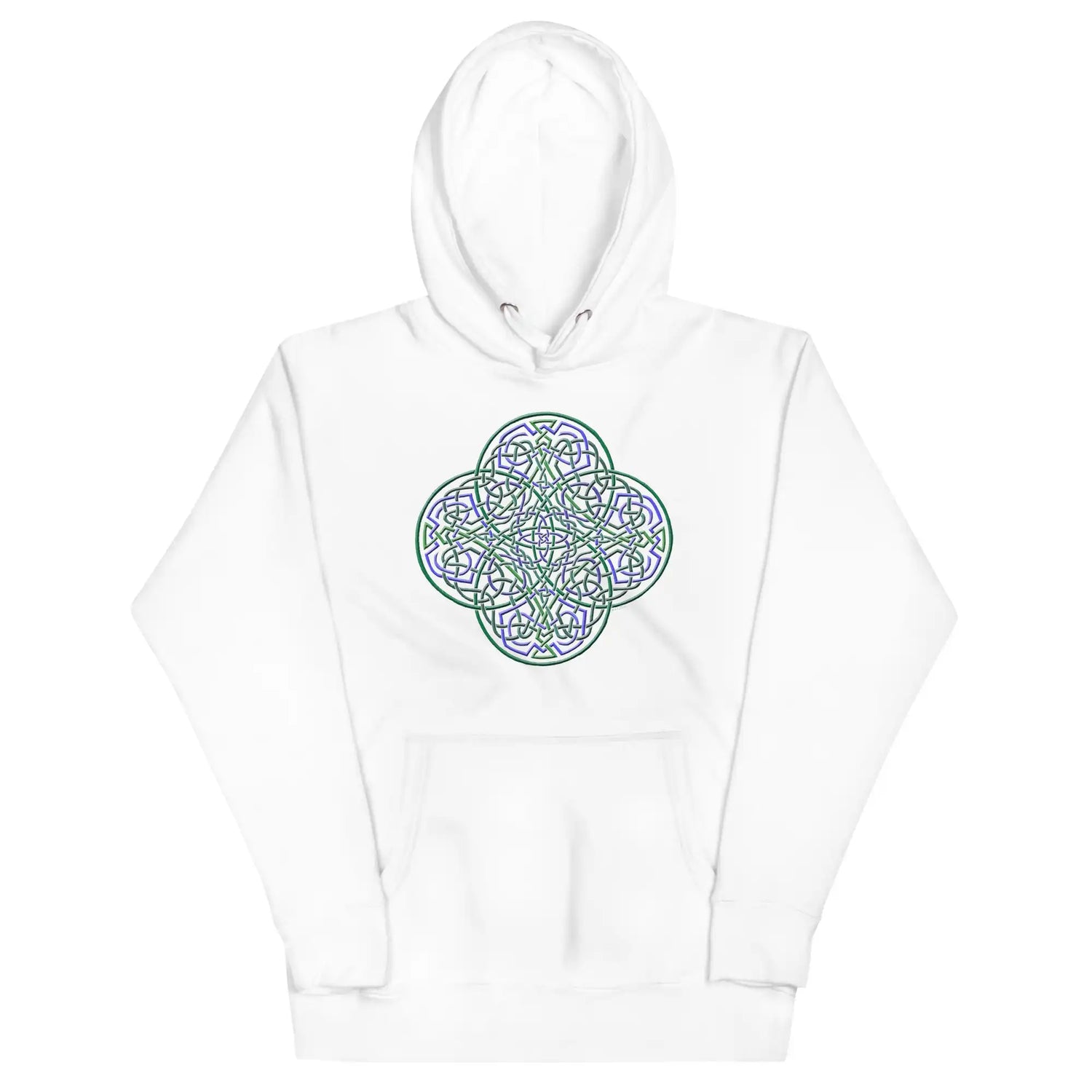 A white Xigfireon graphic hoodie featuring the Living Colour iteration of the Reach Of The Spirit Celtic knot design. The Reach Of The Spirit Celtic knot represents Mother Earth.