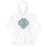A white Xigfireon graphic hoodie featuring the Living Colour iteration of the Reach Of The Spirit Celtic knot design. The Reach Of The Spirit Celtic knot represents Mother Earth.