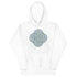 A white Xigfireon graphic hoodie featuring the Living Colour iteration of the Reach Of The Spirit Celtic knot design. The Reach Of The Spirit Celtic knot represents Mother Earth.