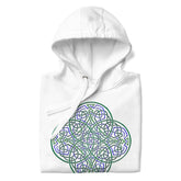 A folded white Xigfireon graphic hoodie featuring the Living Colour iteration of the Reach Of The Spirit Celtic knot design. The Reach Of The Spirit Celtic knot represents Mother Earth.