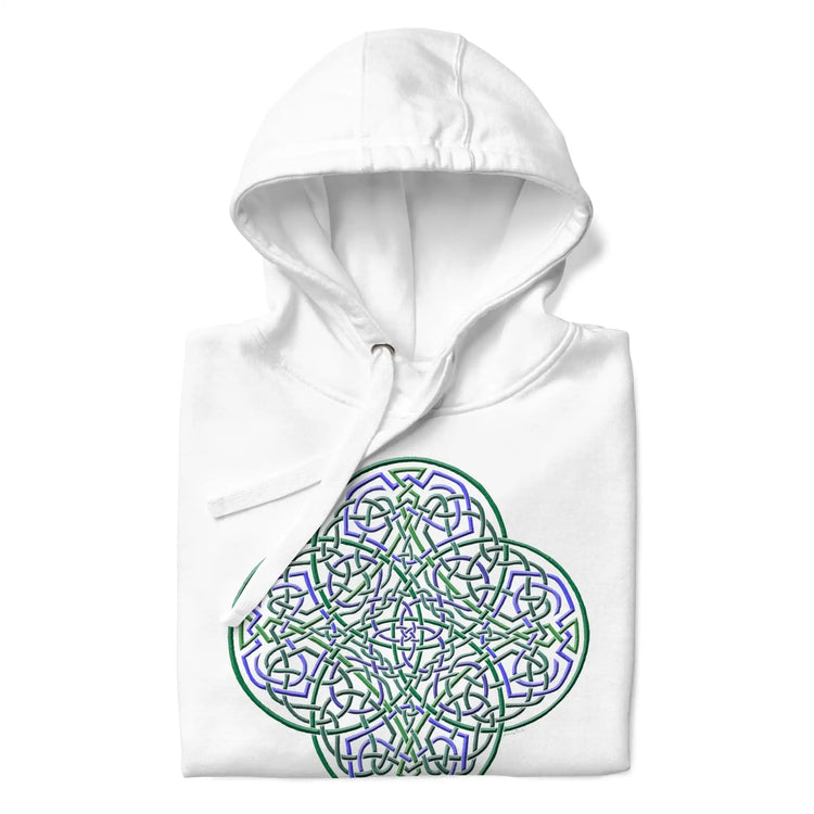 A folded white Xigfireon graphic hoodie featuring the Living Colour iteration of the Reach Of The Spirit Celtic knot design. The Reach Of The Spirit Celtic knot represents Mother Earth.