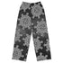 The front side of a pair of Xigfireon graphic wide leg pants featuring the Black and White Solid Cosmos patterned series of the Morning Star Fire Celtic knot design.