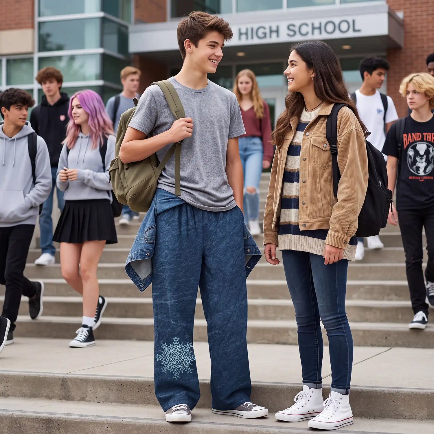 Two high school students standing on outdoor steps in front of a high school building, with other students walking around them. The boy wears a gray t-shirt and a pair of Xigfireon Blue Slate wide-leg pants featuring the Morning Star Fire Celtic knot design and carries an olive green backpack.