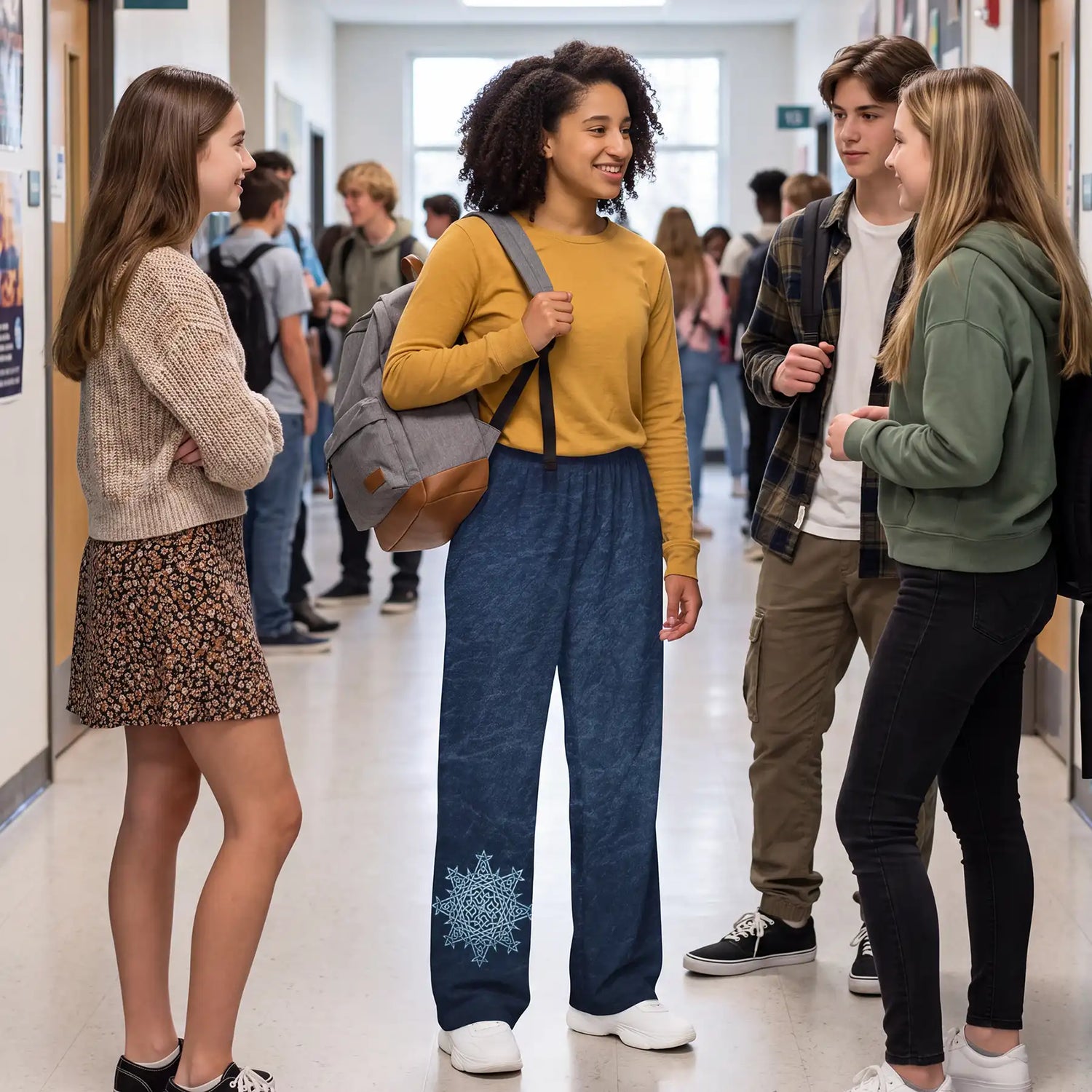 A group of four high school students talking in a school hallway. The central girl is wearing a mustard yellow long-sleeve shirt and a pair of Xigfireon Blue Slate wide-leg pants featuring the Morning Star Fire Celtic knot design.