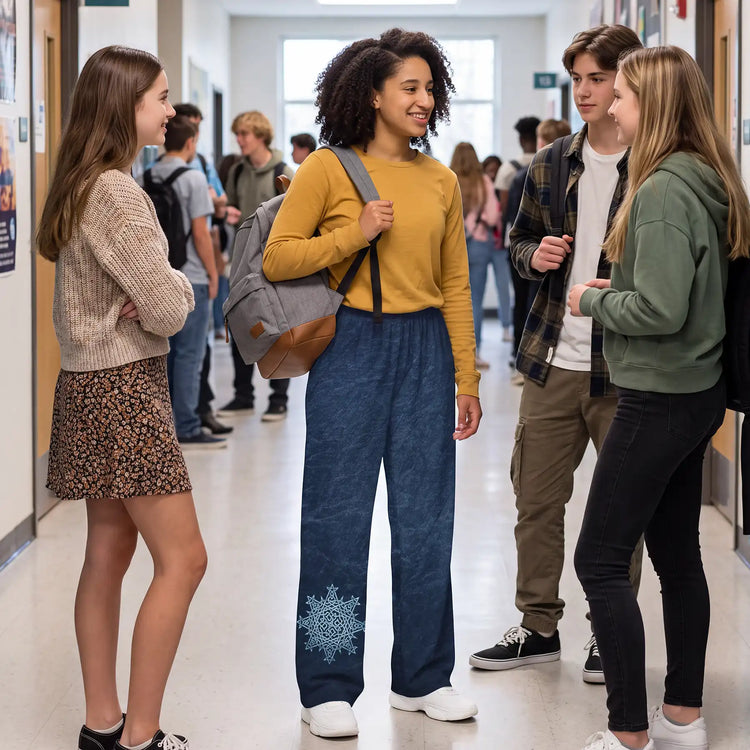 A group of four high school students talking in a school hallway. The central girl is wearing a mustard yellow long-sleeve shirt and a pair of Xigfireon Blue Slate wide-leg pants featuring the Morning Star Fire Celtic knot design.