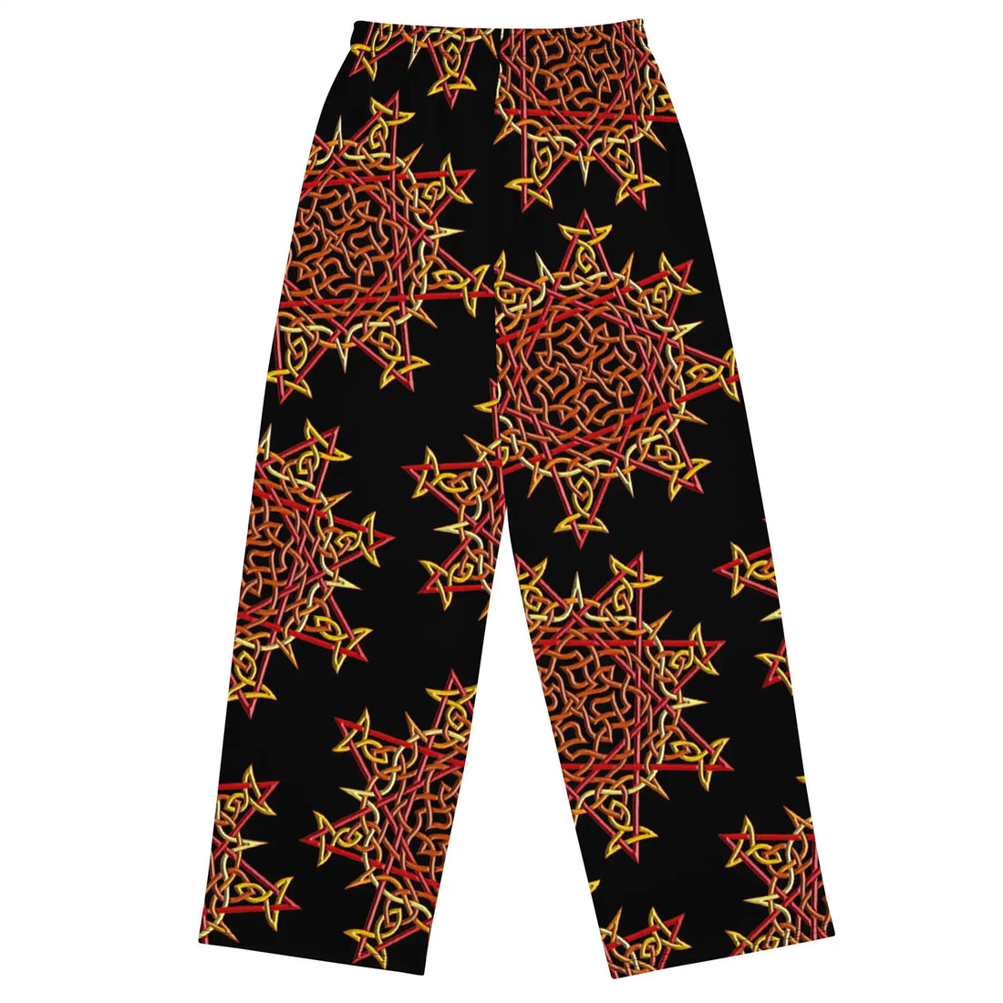 The back side of a pair of Xigfireon graphic wide leg pants featuring the Fire Colour Black patterned series of the Morning Star Fire Celtic knot design.