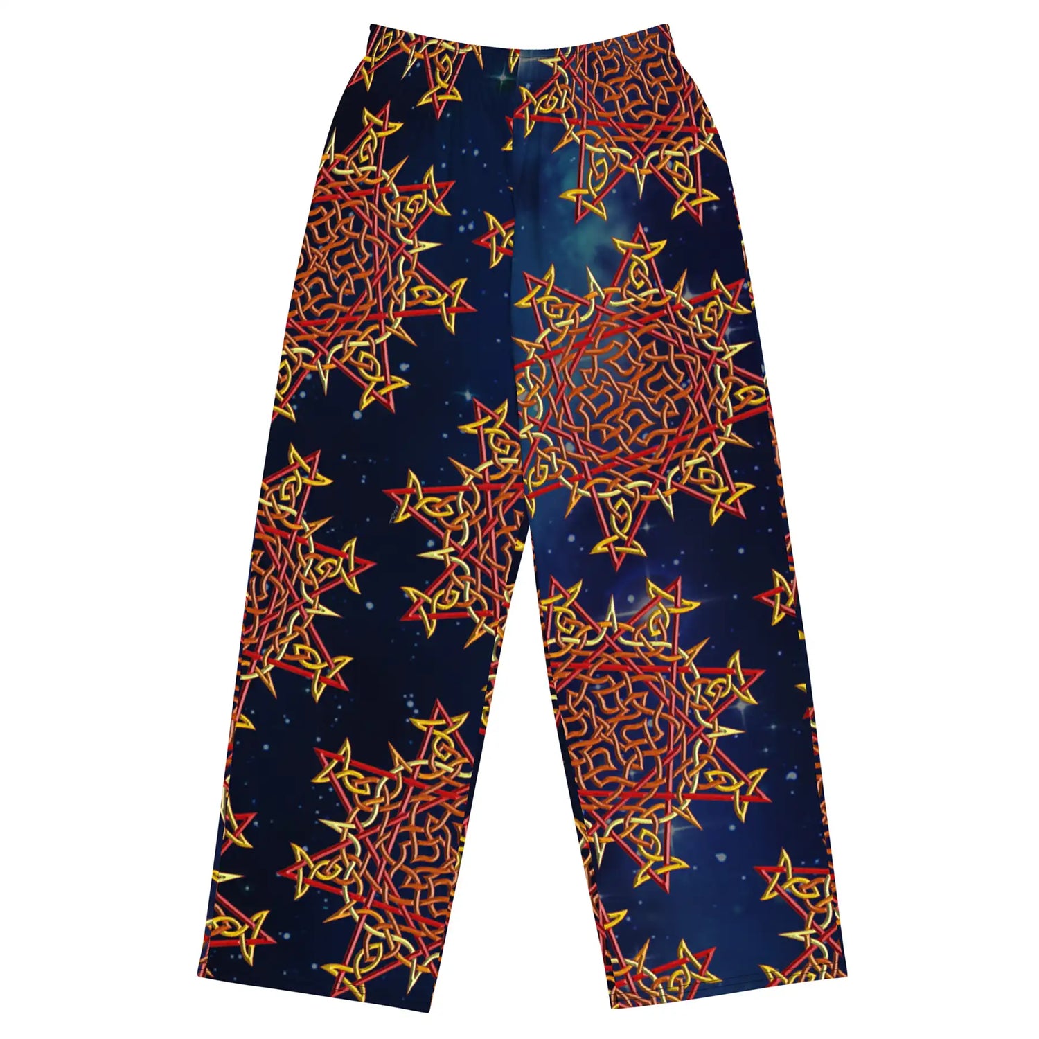 The front side of a pair of Xigfireon graphic wide leg pants featuring the Fire Colour Cosmos patterned series of the Morning Star Fire Celtic knot design.