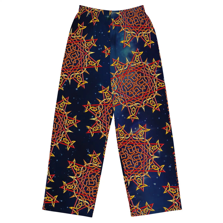 The front side of a pair of Xigfireon graphic wide leg pants featuring the Fire Colour Cosmos patterned series of the Morning Star Fire Celtic knot design.