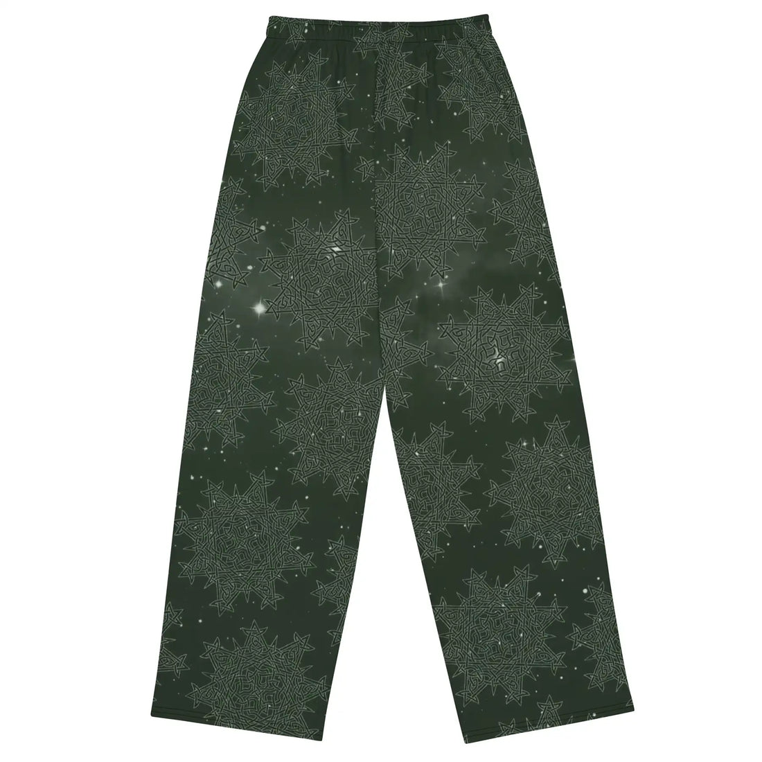 Celtic knot pants by Xigfireon, shown from the back, featuring the Midnight Green Cosmos patterned series of the Morning Star Fire design.