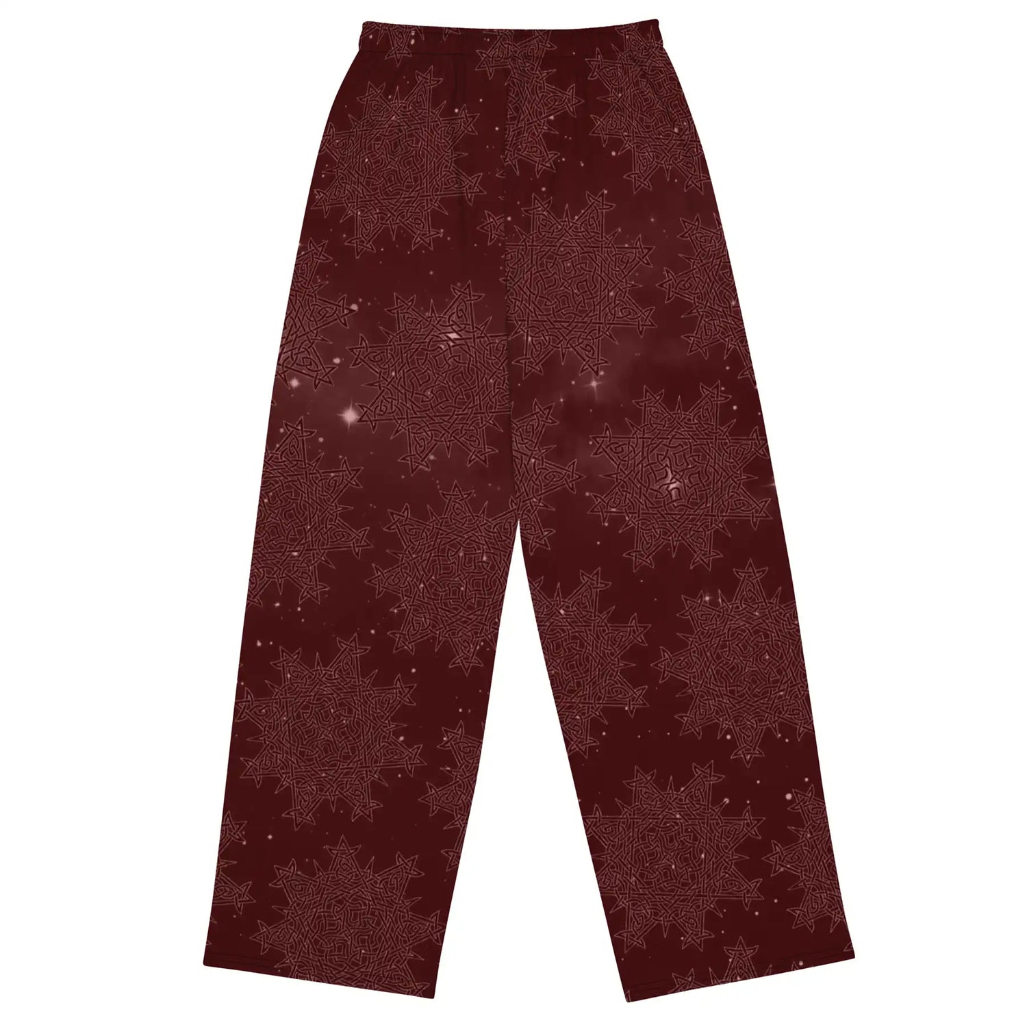 Celtic knot pants by Xigfireon, shown from the back, featuring the Midnight Red Cosmos patterned series of the `Morning Star Fire` design.