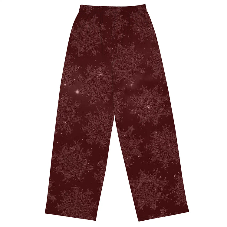 Celtic knot pants by Xigfireon, shown from the back, featuring the Midnight Red Cosmos patterned series of the `Morning Star Fire` design.