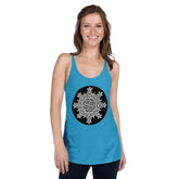 A young woman, viewed from the front, wearing a vintage turquoise Xigfireon graphic women&