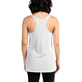 A young woman, viewed from behind, wearing a heather white Xigfireon graphic women&