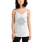 A young woman, viewed from the front, wearing a heather white Xigfireon graphic women&