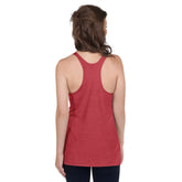 A young woman, viewed from behind, wearing a vintage red Xigfireon graphic women&