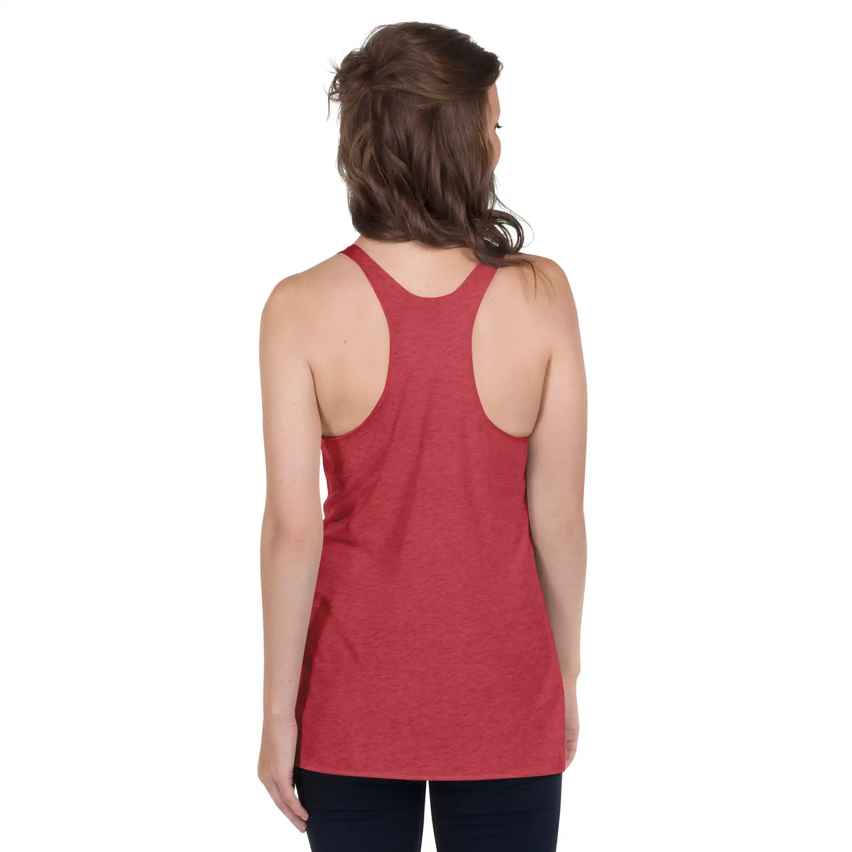 A young woman, viewed from behind, wearing a vintage red Xigfireon graphic women&