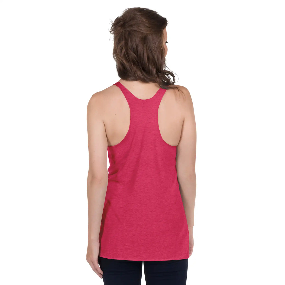 A young woman, viewed from behind, wearing a vintage shocking pink Xigfireon graphic women&