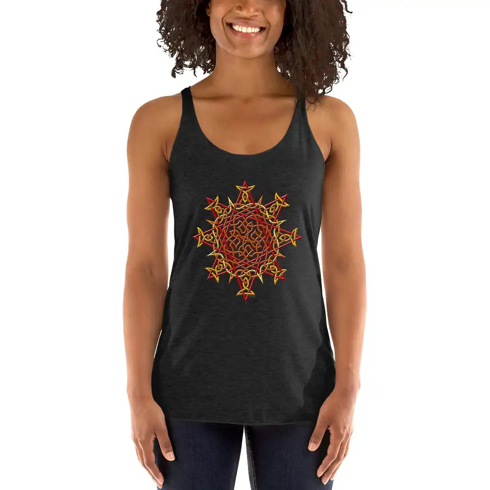 A young woman, viewed from the front, wearing a vintage black Xigfireon graphic women&